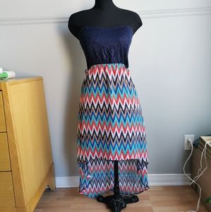 Summer dress, multicolored high low.